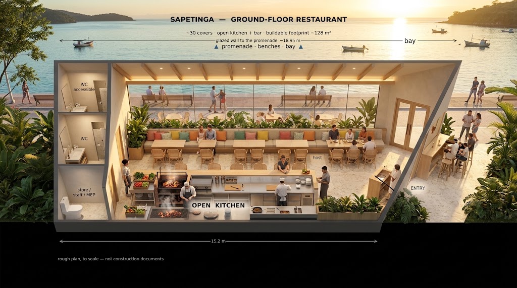 Concept render: the interior of a small warm restaurant as a three-quarter cutaway, with the scale plan's dimensions and labels overlaid. A floor-to-ceiling glass wall runs along the back, opening onto a promenade with benches and a calm bay at golden hour. An open kitchen with chefs and a wood-fired grill runs along the near wall. Long communal banquette seating with colorful cushions, plus tables and diners. A bar with stools near the entry on the angled right end. Two small bathrooms and a store on the blind left wall. Pale stone floor, light wood, tropical plants.