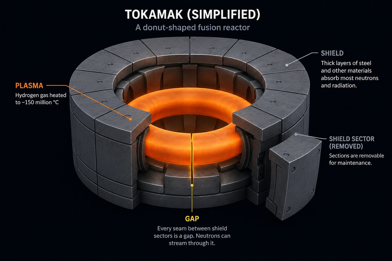 A simplified tokamak shown as a cutaway three-dimensional ring. A glowing orange plasma torus runs inside a thick grey shield built from wedge-shaped sectors. One sector has been removed and set to one side, exposing the interior, and a seam between two sectors is highlighted as the gap that neutrons stream through.